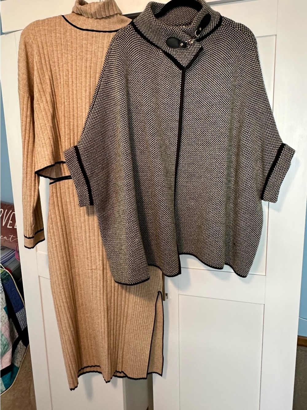 Beige Ribbed Turtleneck Sweater and Skirt, with Black-Trim Poncho Set